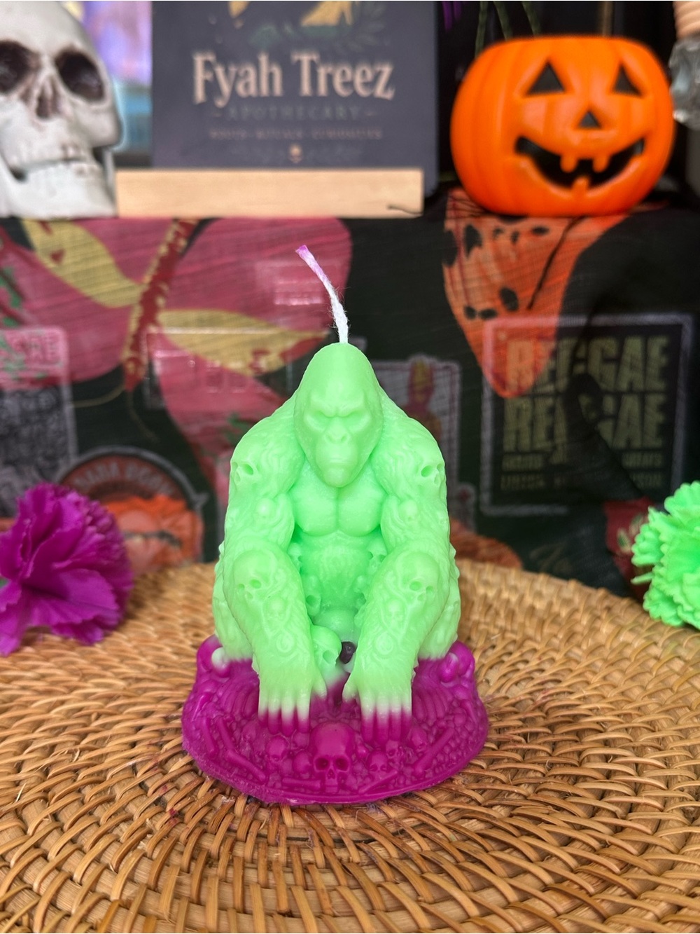 Handmade Gorilla Candle – Neon Green & Hot Pink Skull Base